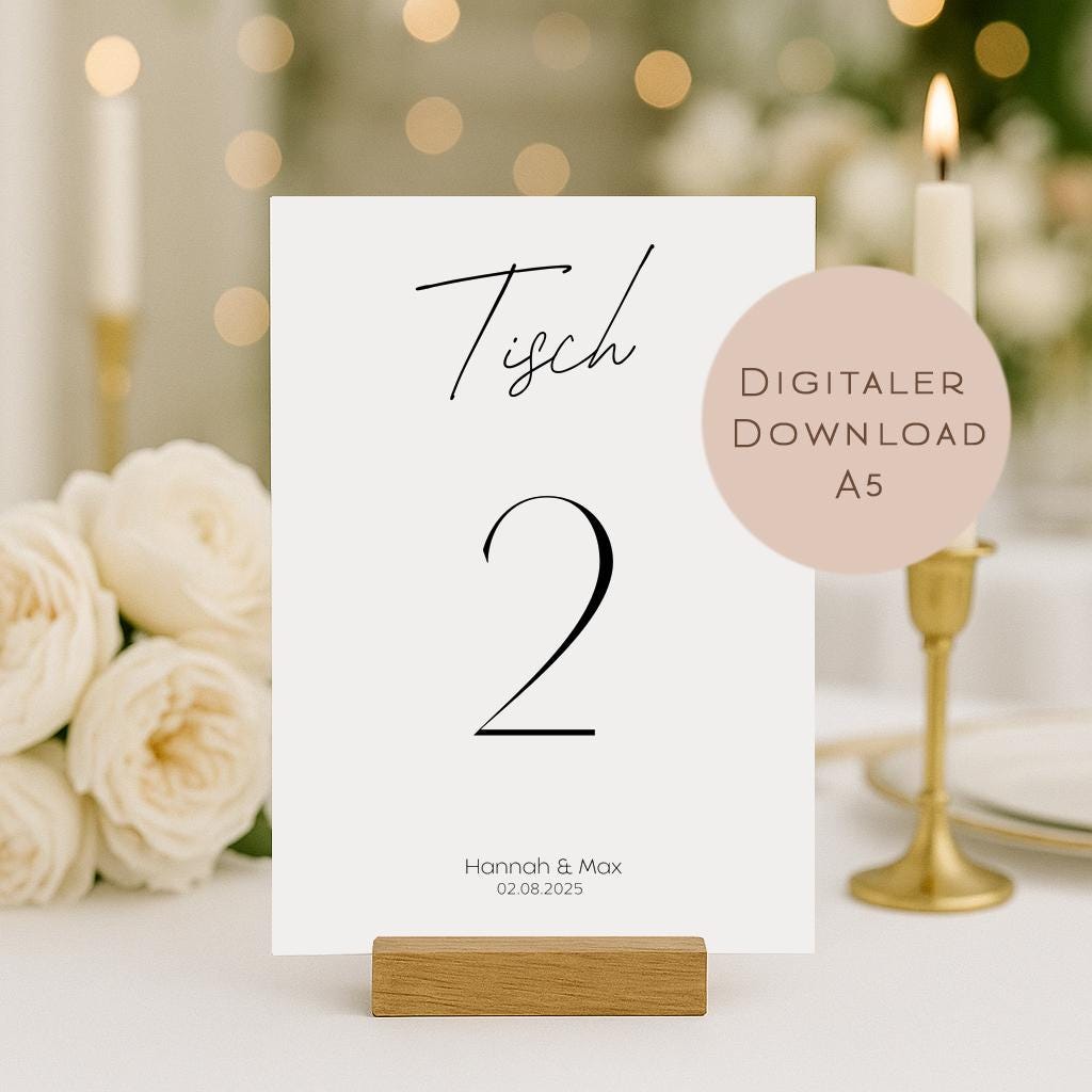 Hochzeit Tischnummern Zahlen A5 PDF l personalisiert mit Namen & Datum Sitzplan l zum Ausdrucken l digitale Tischkarten Hochzeit Namen
