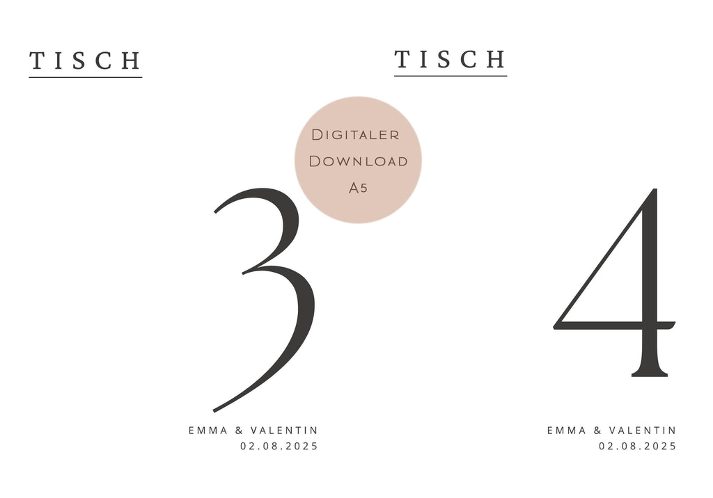 Hochzeit Tischnummern Zahlen A5 PDF l personalisiert mit Namen & Datum Sitzplan l zum Ausdrucken l digitale Tischkarten Hochzeit Namen