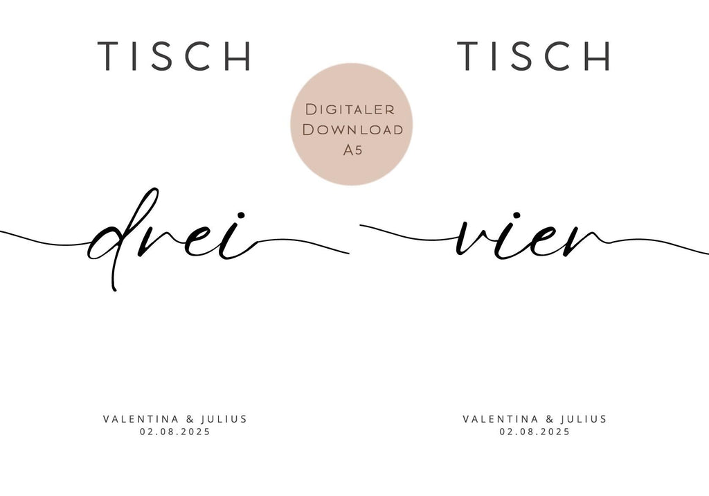 Hochzeit Tischnummern Zahlen A5 PDF l personalisiert mit Namen & Datum Sitzplan l zum Ausdrucken l digitale Tischkarten Hochzeit Namen