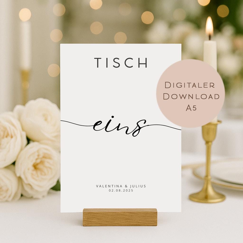 Hochzeit Tischnummern Zahlen A5 PDF l personalisiert mit Namen & Datum Sitzplan l zum Ausdrucken l digitale Tischkarten Hochzeit Namen