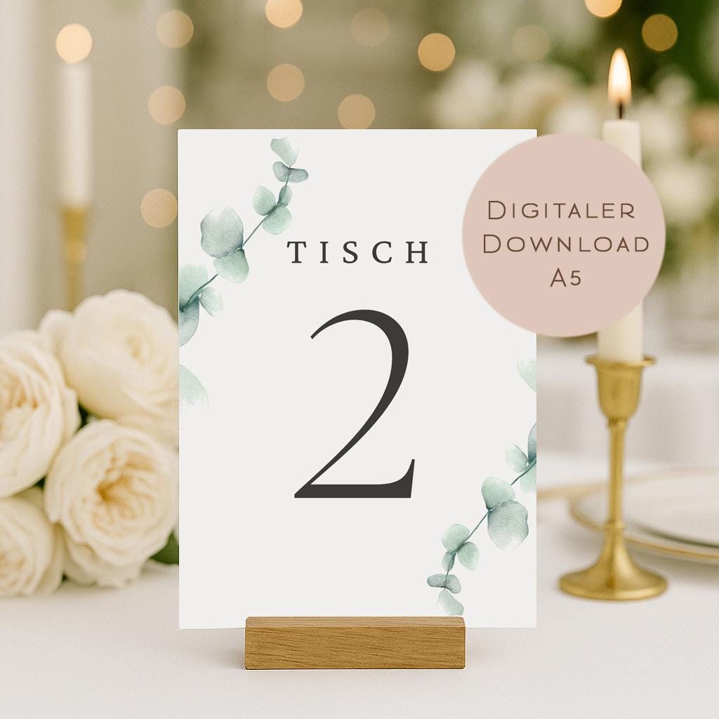 Hochzeit Tischnummern Zahlen 1-20 A5 PDF l Tischordnung Hochzeit Sitzplan l zum Ausdrucken l digitale Tischkarten Hochzeit Eukalyptus Boho