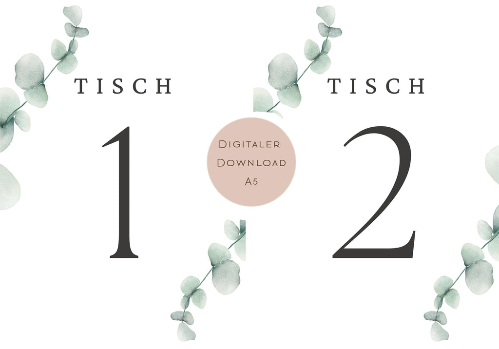 Hochzeit Tischnummern Zahlen 1-20 A5 PDF l Tischordnung Hochzeit Sitzplan l zum Ausdrucken l digitale Tischkarten Hochzeit Eukalyptus Boho
