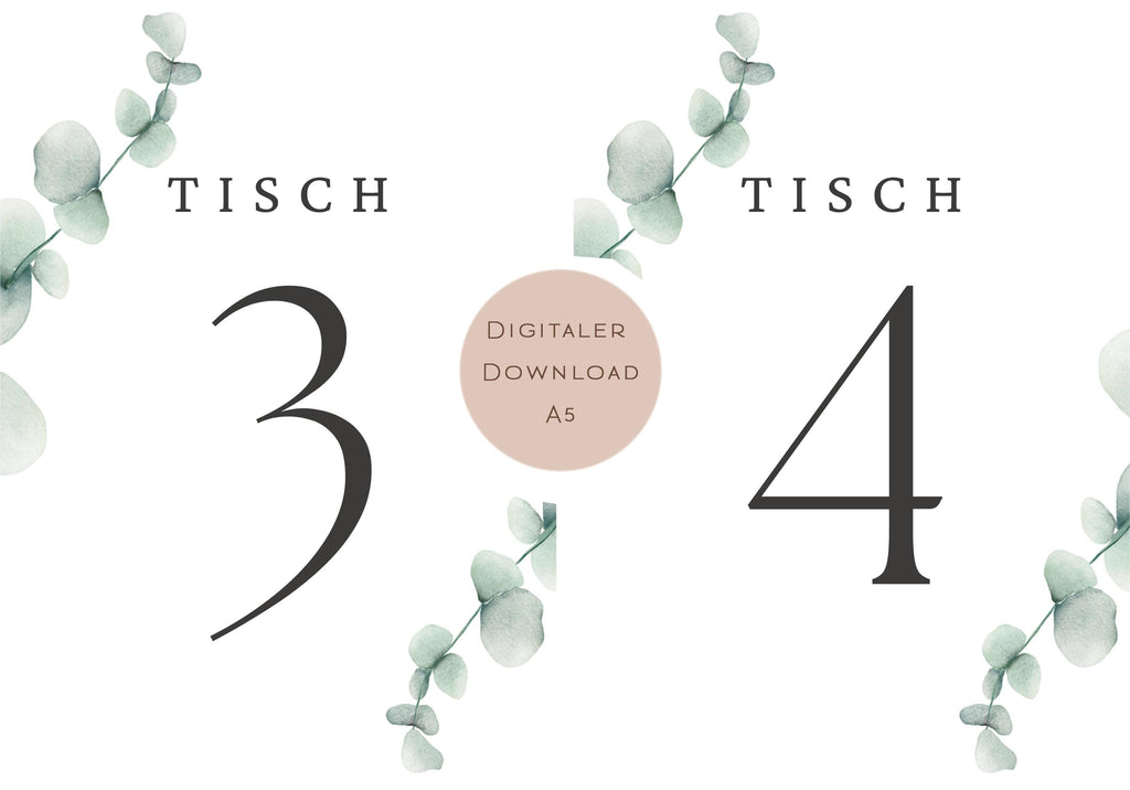 Hochzeit Tischnummern Zahlen 1-20 A5 PDF l Tischordnung Hochzeit Sitzplan l zum Ausdrucken l digitale Tischkarten Hochzeit Eukalyptus Boho