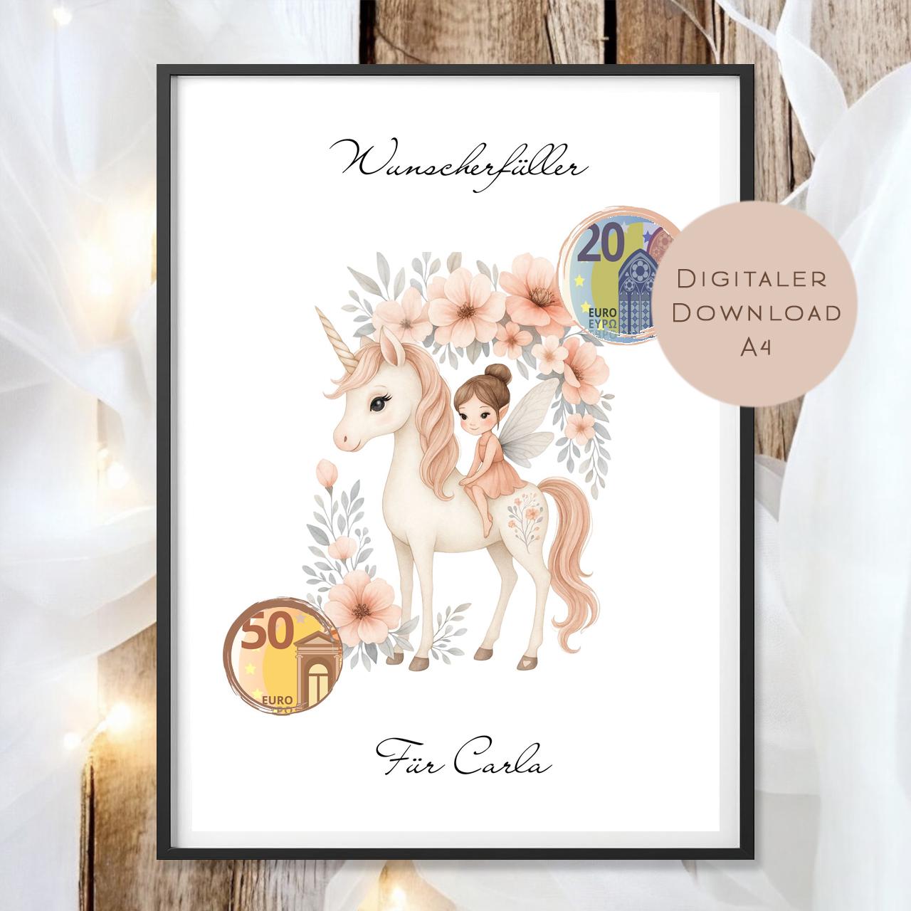 Geburtstag Geldgeschenk Einhorn Fee I Gutschein für Pferd I Mädchen Geschenk Name Ausdrucken I Geld schenken I Geburtstagsgeschenk PDF A4