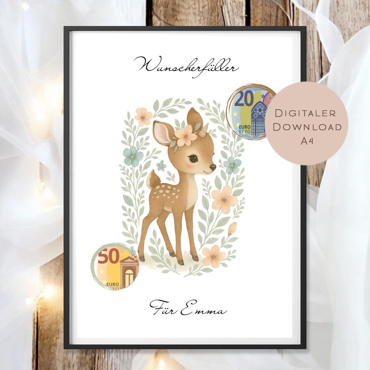 Geburtstag Geldgeschenk Reh I Gutschein zum Geburtstag I Geschenk Name Ausdrucken I Geld schenken I Geburtstagsgeschenk PDF A4 Digital