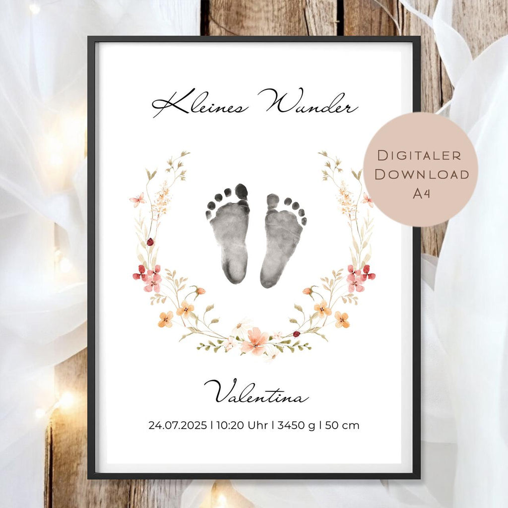 Geburtsgeschenk Baby Geburt Geschenk l Fußabdruck zur Taufe Geburt l personalisiert mit Name & Geburtsdaten l Wanddeko digital PDF A4