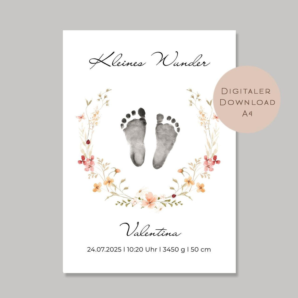 Geburtsgeschenk Baby Geburt Geschenk l Fußabdruck zur Taufe Geburt l personalisiert mit Name & Geburtsdaten l Wanddeko digital PDF A4