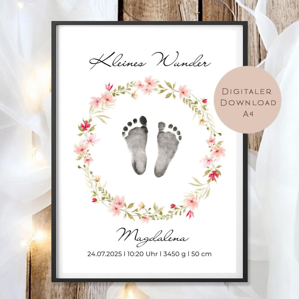 Geburtsgeschenk Baby Geburt Geschenk l Fußabdruck zur Taufe Geburt l personalisiert mit Name & Geburtsdaten l Wanddeko digital PDF A4