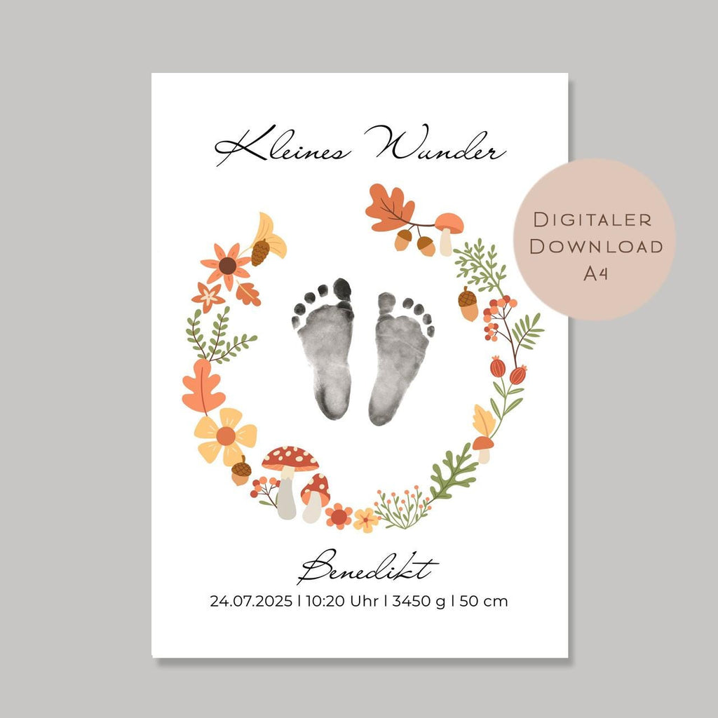 Geburtsgeschenk Baby Geburt Geschenk l Fußabdruck zur Taufe Geburt l personalisiert mit Name & Geburtsdaten l Wanddeko digital PDF A4