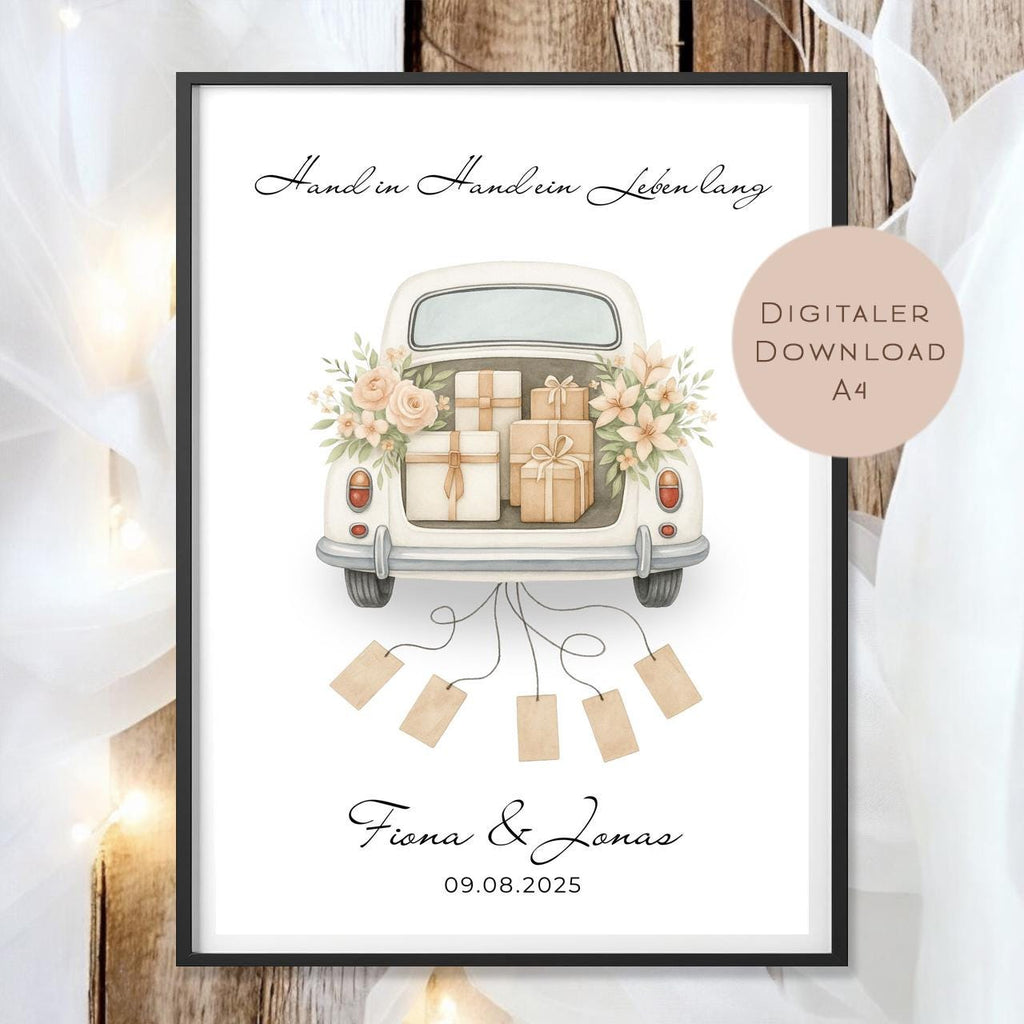 Hochzeitsgeschenk personalisiert mit Name & Datum I Geschenk für Brautpaar I Geldgeschenk Hochzeit I Vintage Auto PDF I Digital Ausdrucken