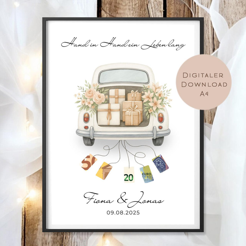 Hochzeitsgeschenk personalisiert mit Name & Datum I Geschenk für Brautpaar I Geldgeschenk Hochzeit I Vintage Auto PDF I Digital Ausdrucken