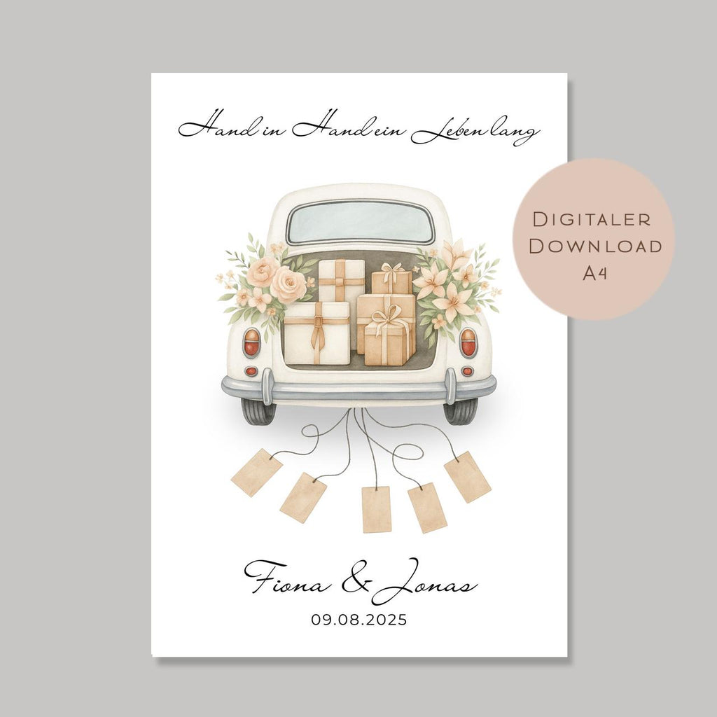 Hochzeitsgeschenk personalisiert mit Name & Datum I Geschenk für Brautpaar I Geldgeschenk Hochzeit I Vintage Auto PDF I Digital Ausdrucken