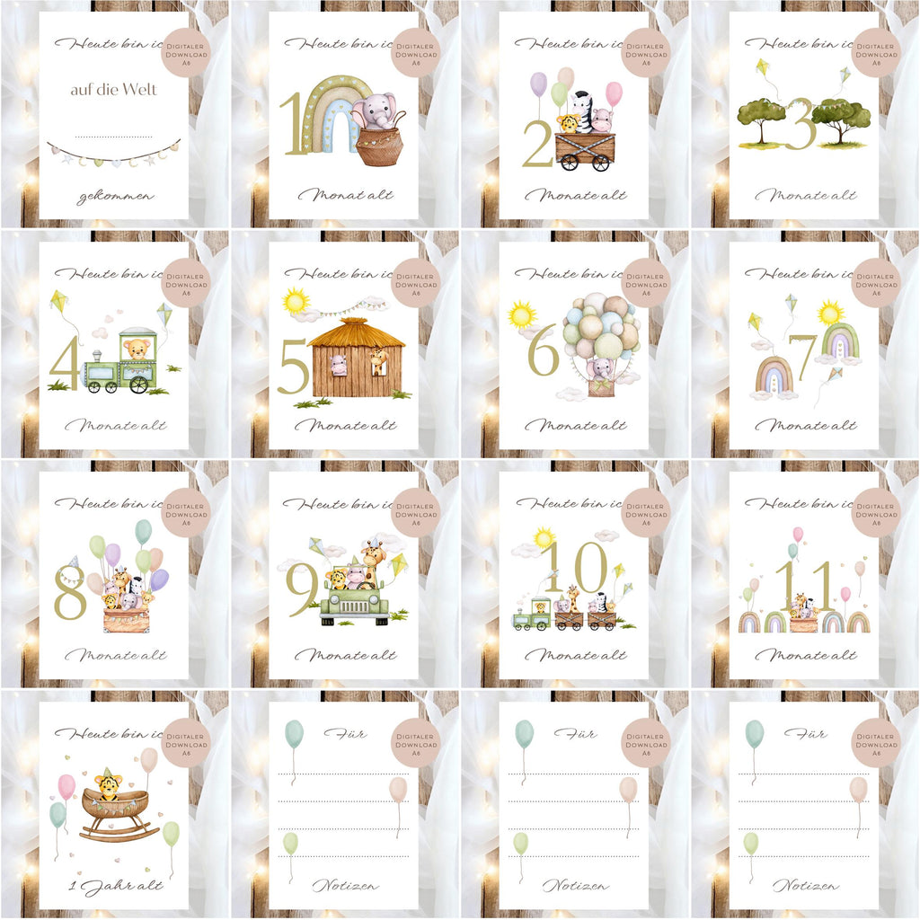 Meilensteinkarten Baby  l Geschenk zur Schwangerschaft l Geburtsgeschenk Baby l Babys erstes Jahr l Erinnerung zur Geburt PDF A6 Ausdrucken