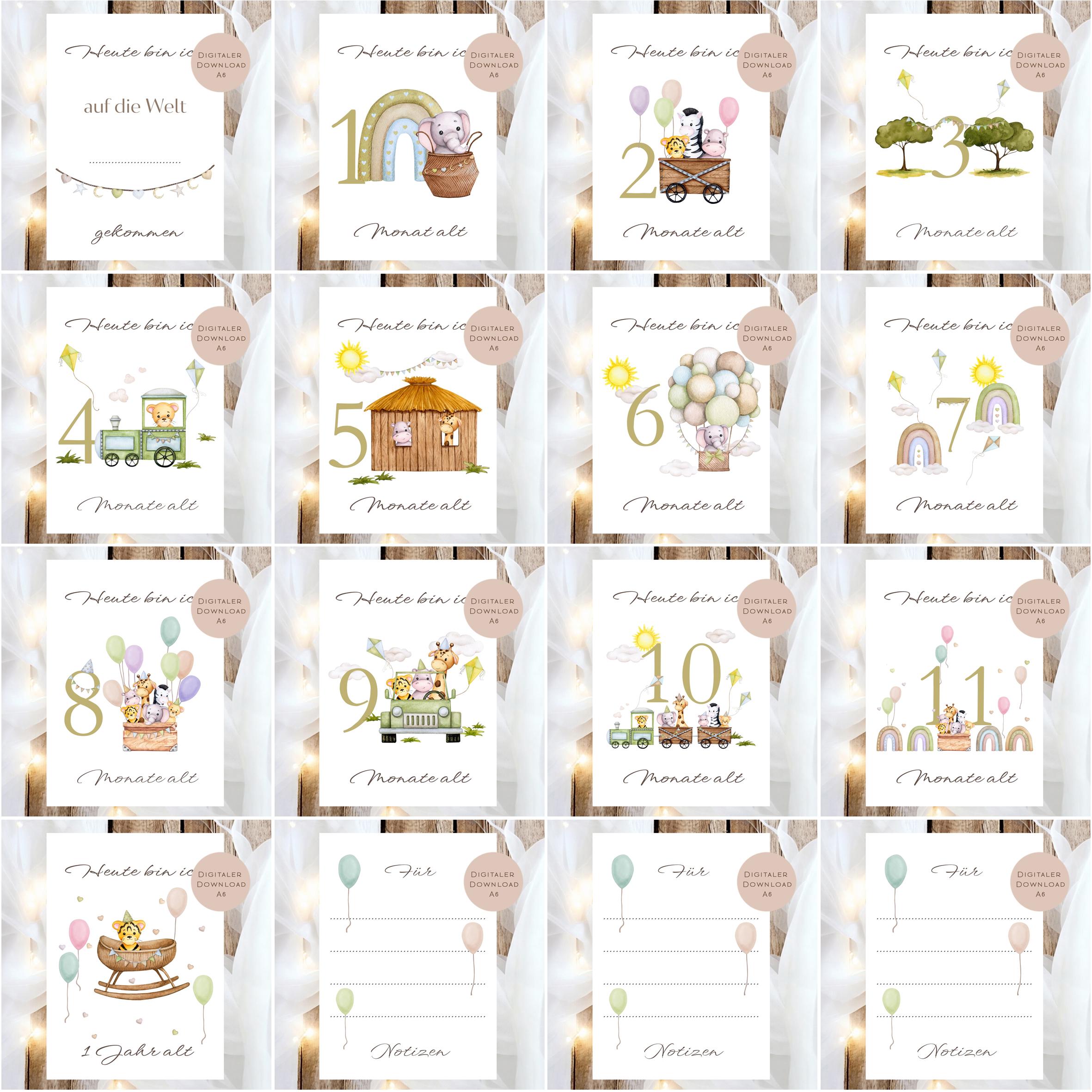 Meilensteinkarten Baby  l Geschenk zur Schwangerschaft l Geburtsgeschenk Baby l Babys erstes Jahr l Erinnerung zur Geburt PDF A6 Ausdrucken