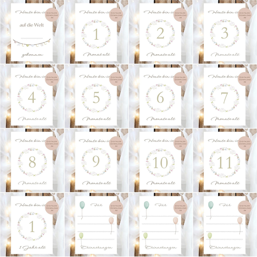 Meilensteinkarten Baby  l Geschenk zur Schwangerschaft l Geburtsgeschenk Baby l Babys erstes Jahr l Erinnerung zur Geburt PDF A6 Ausdrucken