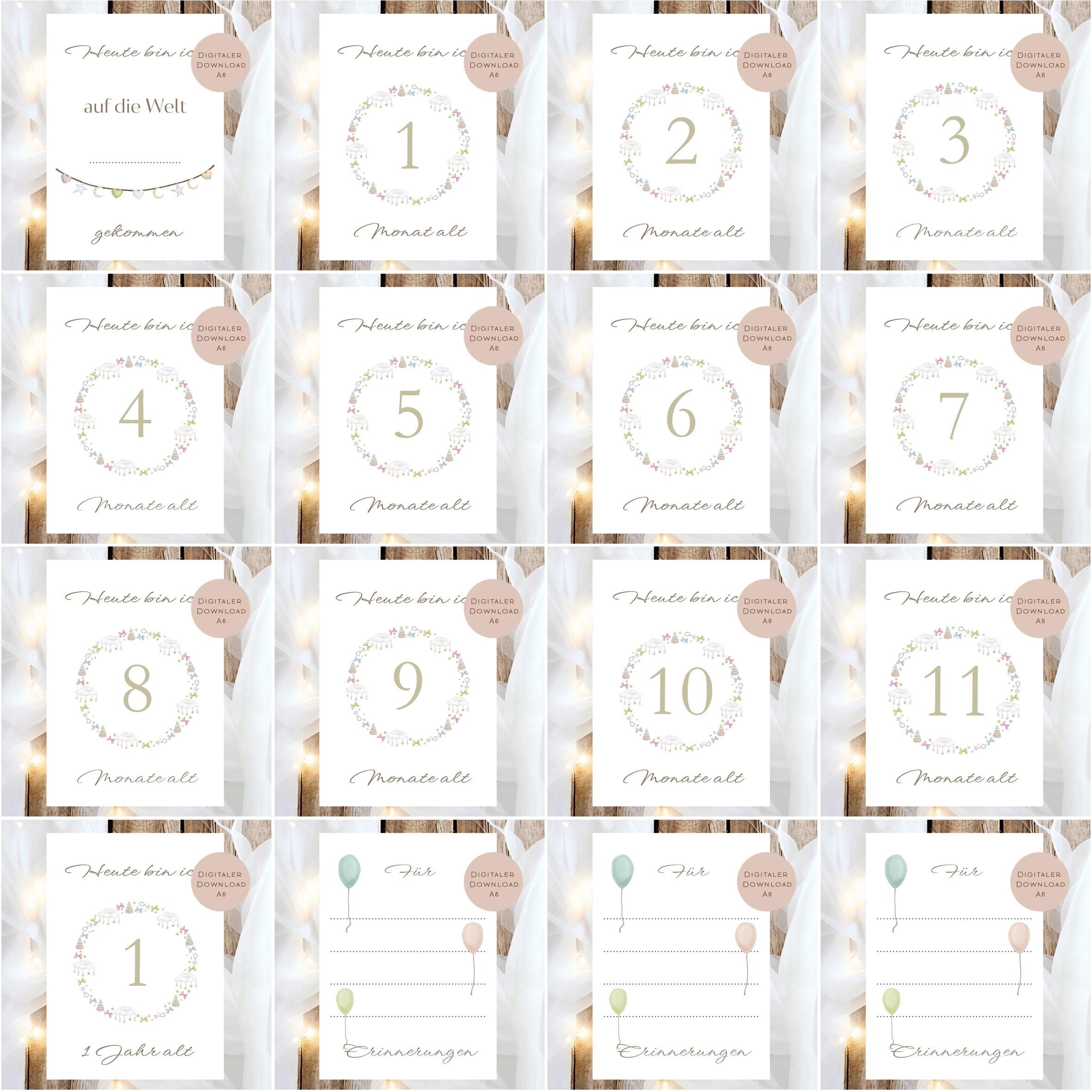 Meilensteinkarten Baby  l Geschenk zur Schwangerschaft l Geburtsgeschenk Baby l Babys erstes Jahr l Erinnerung zur Geburt PDF A6 Ausdrucken