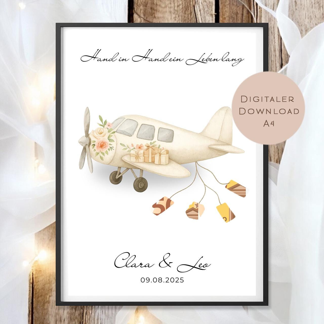 Hochzeitsgeschenk personalisiert mit Name & Datum I Geschenk für Brautpaar I Geldgeschenk Hochzeit I Flugzeug PDF Digital Ausdrucken