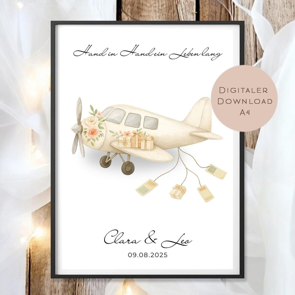 Hochzeitsgeschenk personalisiert mit Name & Datum I Geschenk für Brautpaar I Geldgeschenk Hochzeit I Flugzeug PDF Digital Ausdrucken