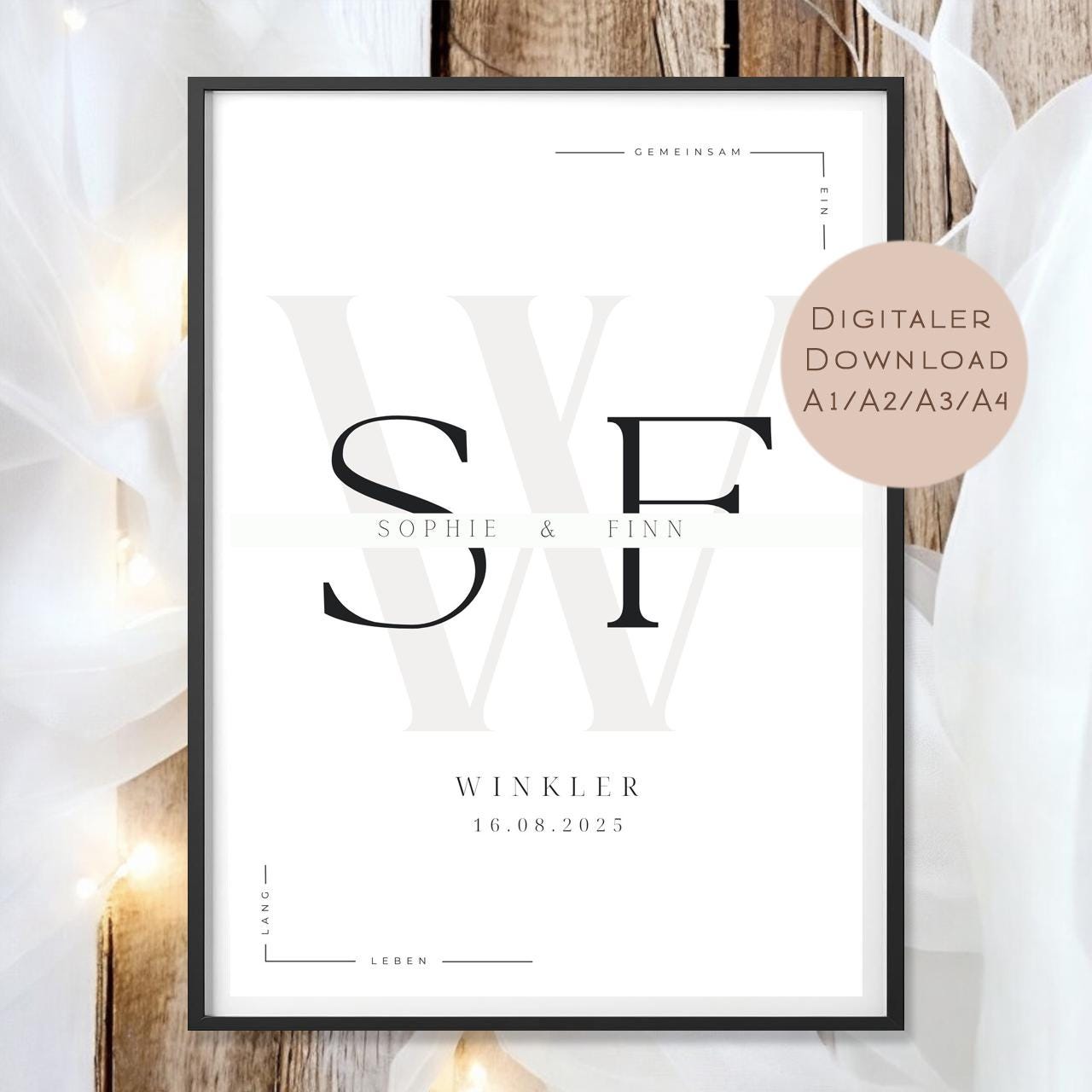 Hochzeit Poster Initialen & Datum l Hochzeitsgeschenk Name personalisiert l Brautpaar Geldgeschenk Hochzeit l  Richtfest Geld schenken PDF