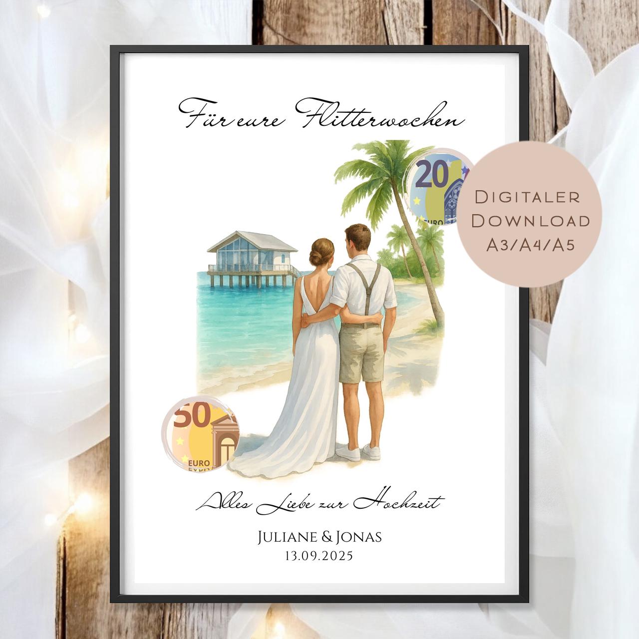 Hochzeit Geldgeschenk Flitterwochen I Gutschein für Reisekasse I Name Geschenk Brautpaar Ausdrucken I Geld schenken I Hochzeitssgeschenk PDF