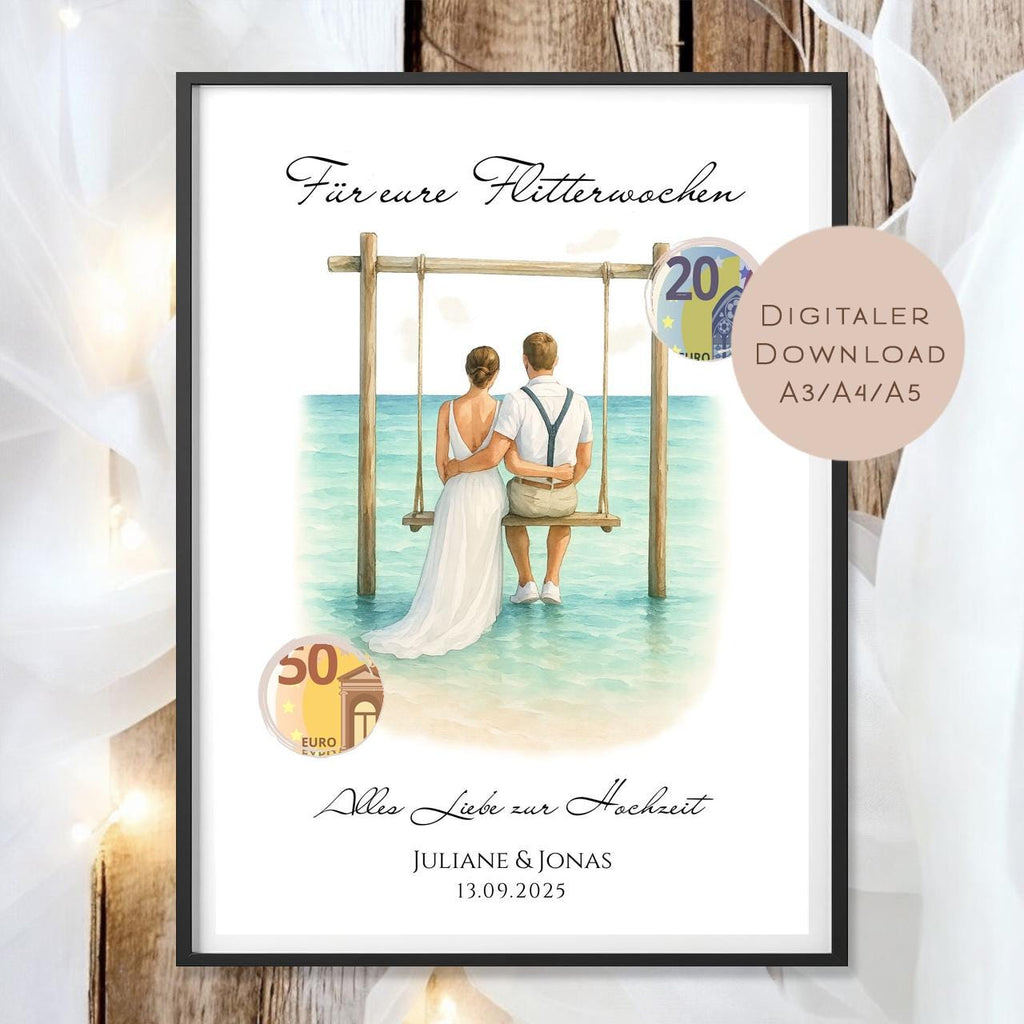 Hochzeit Geldgeschenk Flitterwochen I Gutschein für Reisekasse I Name Geschenk Brautpaar Ausdrucken I Geld schenken I Hochzeitssgeschenk PDF