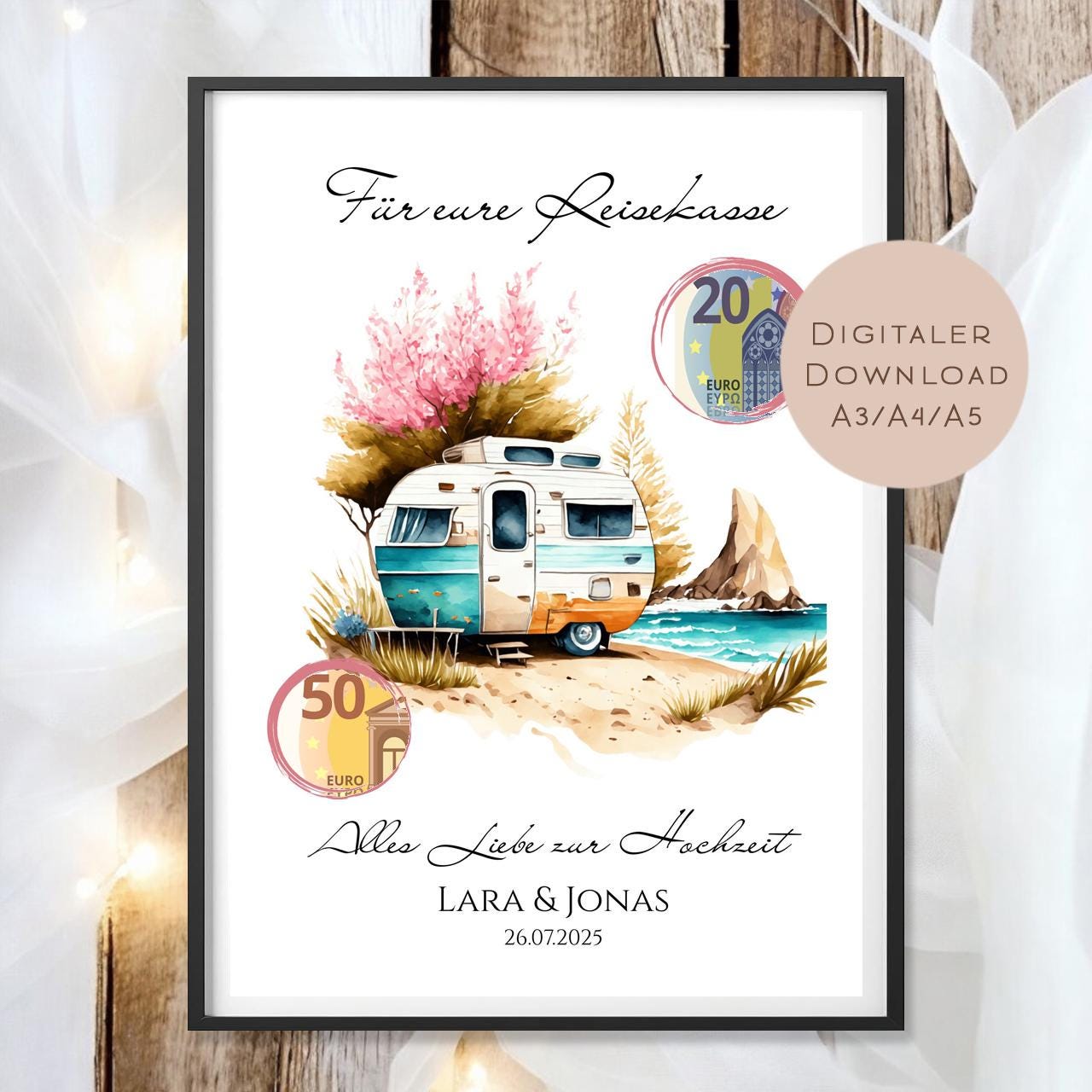 Hochzeit Geldgeschenk Camper I Gutschein für Reisekasse I Name Geschenk Brautpaar zum Ausdrucken I Geld schenken I Hochzeitssgeschenk PDF