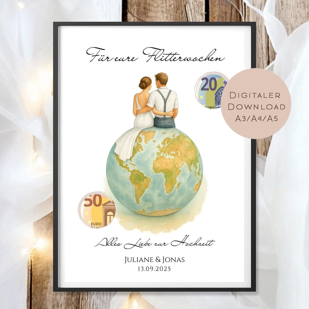 Hochzeit Geldgeschenk Flitterwochen I Gutschein für Reisekasse I Name Geschenk Brautpaar Ausdrucken I Geld schenken I Hochzeitssgeschenk PDF