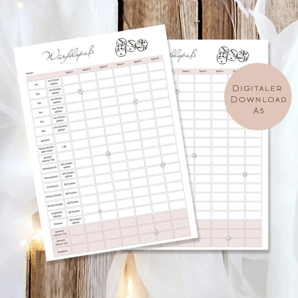 Würfel Spiel Vorlage zum Ausdrucken A5 | Würfelspaß für Spieleabend | PDF für Spielblock Würfelspiel | Gesellschaftsspiel Erwachsene Kinder
