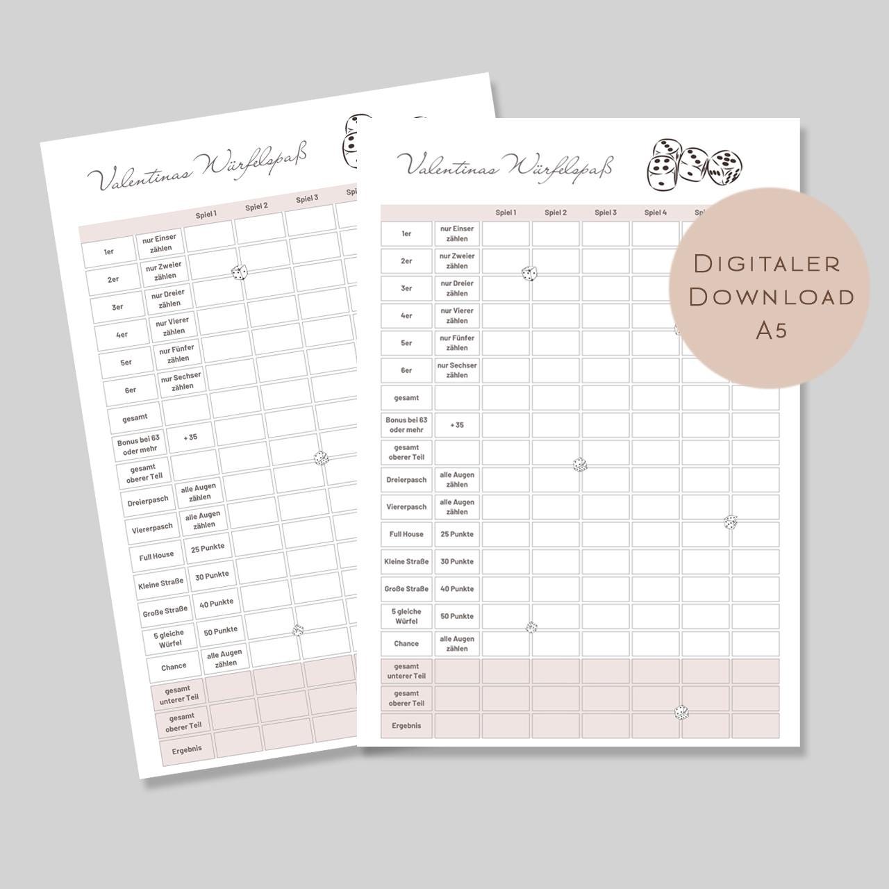 Würfel Spiel Vorlage zum Ausdrucken A5 mit Name personalisiert | Würfelspaß für Spieleabend | PDF für Spielblock Würfelspiel Erwachsene