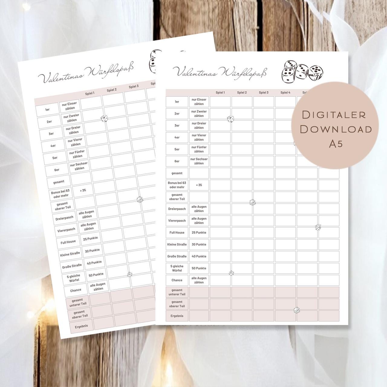 Würfel Spiel Vorlage zum Ausdrucken A5 mit Name personalisiert | Würfelspaß für Spieleabend | PDF für Spielblock Würfelspiel Erwachsene