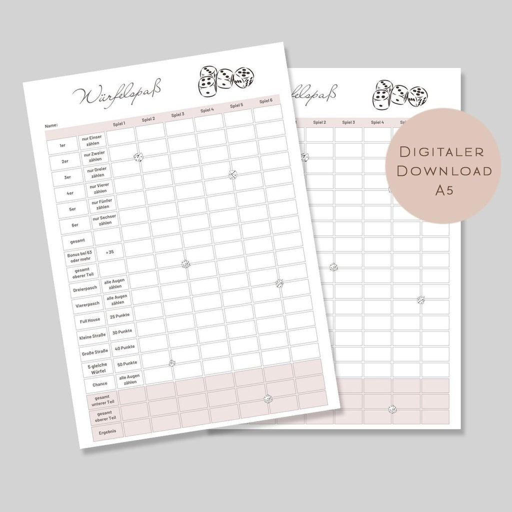 Würfel Spiel Vorlage zum Ausdrucken A5 | Würfelspaß für Spieleabend | PDF für Spielblock Würfelspiel | Gesellschaftsspiel Erwachsene Kinder