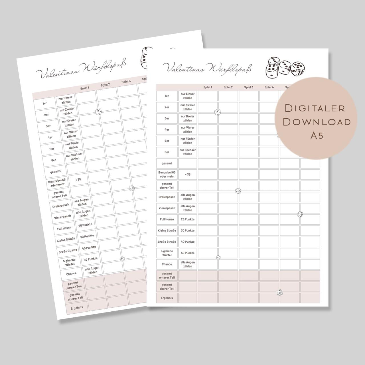 Würfel Spiel Vorlage zum Ausdrucken A5 mit Name personalisiert | Würfelspaß für Spieleabend | PDF für Spielblock Würfelspiel Erwachsene