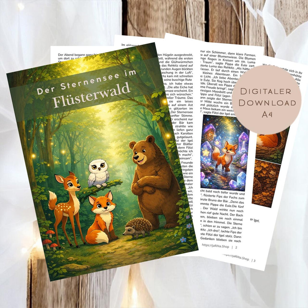 Gute Nacht Geschichte für Kinder I Waldtiere Abenteuer zum Vorlesen I Freundschaft im Flüsterwald I Einschlafgeschichte ab 4 Jahren A4 pdf