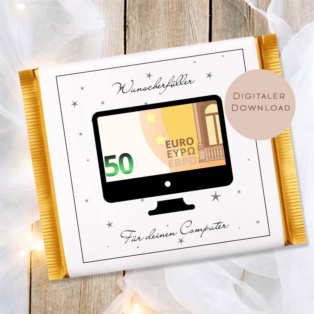 Druckvorlage Geldgeschenk Computer | Schokoladenbanderole zum Ausdrucken | Geld kreativ verschenken | Geschenkidee für Schokolade Ritter Sport