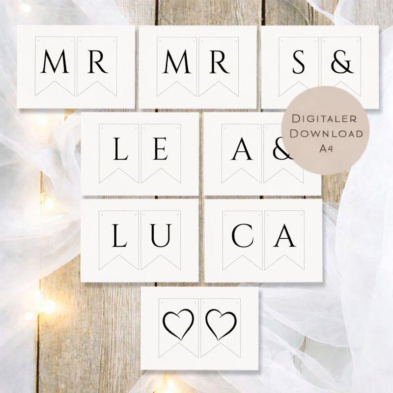 Druckvorlage MR & MRS Girlande mit Namen l Hochzeitsgirlande zum Download I Wimpelkette personalisiert I Hochzeitsdeko Kirche Ausdrucken PDF