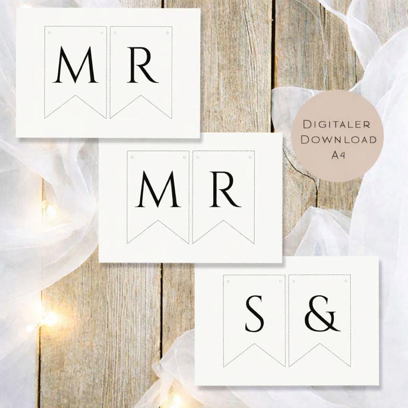 Druckvorlage MR & MRS Girlande Hochzeit l Hochzeitsgirlande Download I Wimpelkette Verlobung I Wimpel Hochzeitsdeko Kirche Ausdrucken PDF