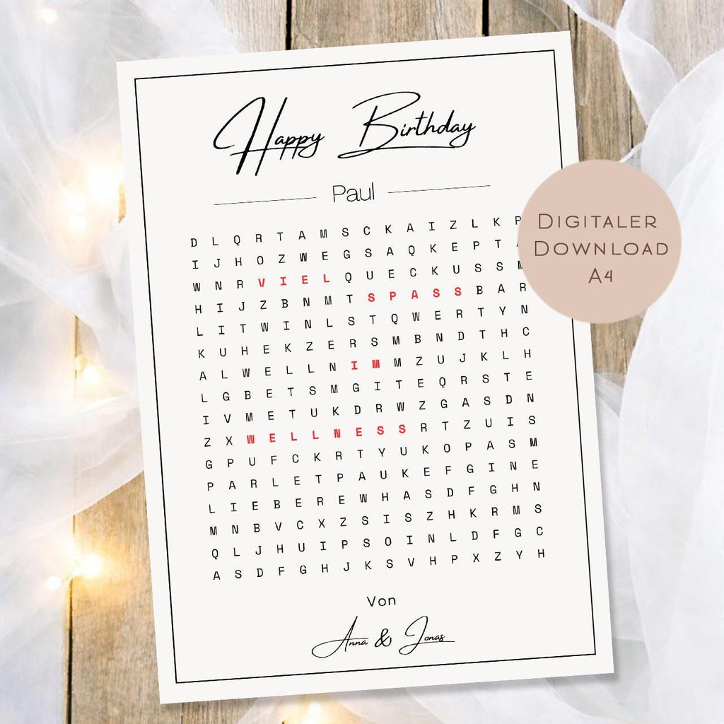 Druckvorlage Gutschein Geburtstag Name personalisiert | Wortsuchrätsel Geschenk | Zeit statt Zeug I Geschenkidee Ausdrucken PDF Download