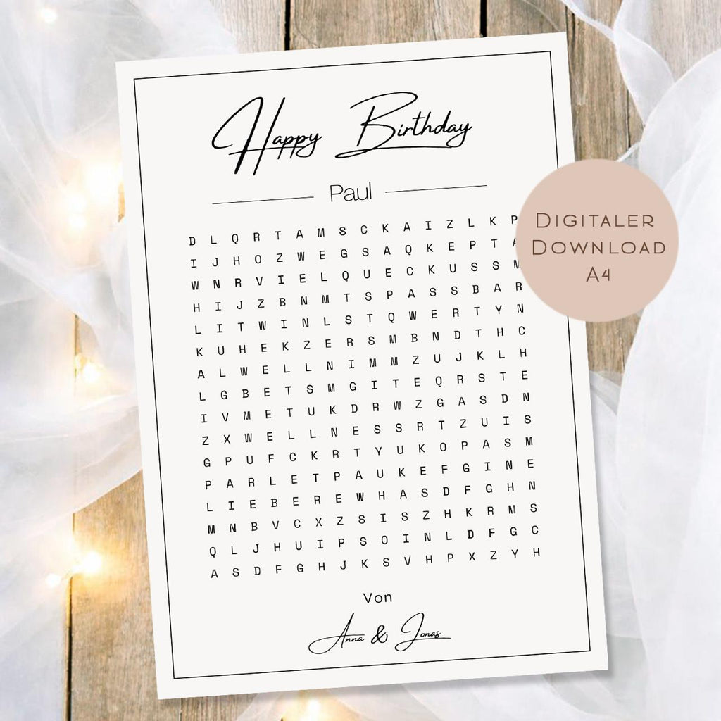 Druckvorlage Gutschein Geburtstag Name personalisiert | Wortsuchrätsel Geschenk | Zeit statt Zeug I Geschenkidee Ausdrucken PDF Download