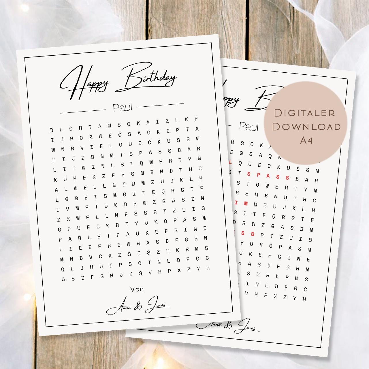 Druckvorlage Gutschein Geburtstag Name personalisiert | Wortsuchrätsel Geschenk | Zeit statt Zeug I Geschenkidee Ausdrucken PDF Download