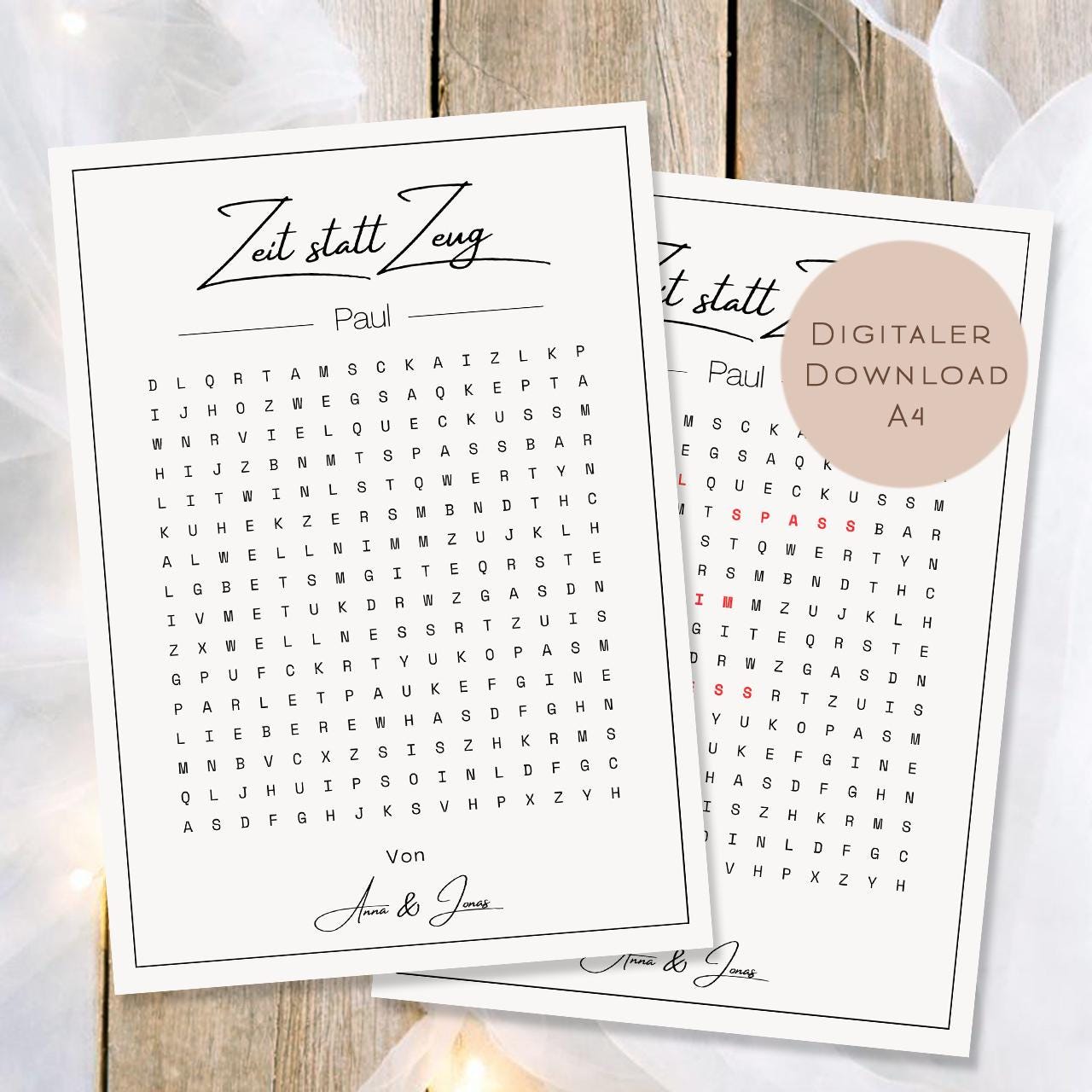 Druckvorlage Gutschein Zeit statt Zeug Name personalisiert | Wortsuchrätsel Geschenk | Geburtstag I Geschenkidee Ausdrucken PDF Download
