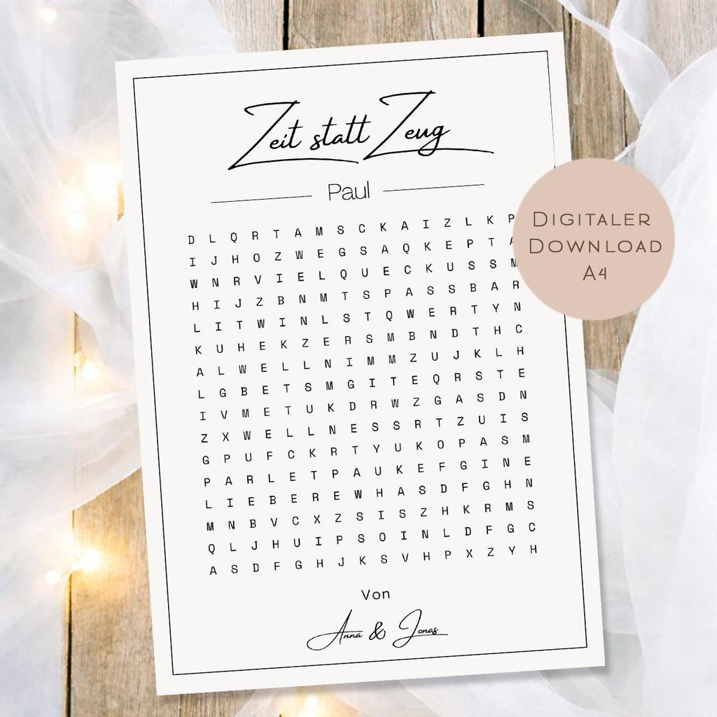 Druckvorlage Gutschein Zeit statt Zeug Name personalisiert | Wortsuchrätsel Geschenk | Geburtstag I Geschenkidee Ausdrucken PDF Download