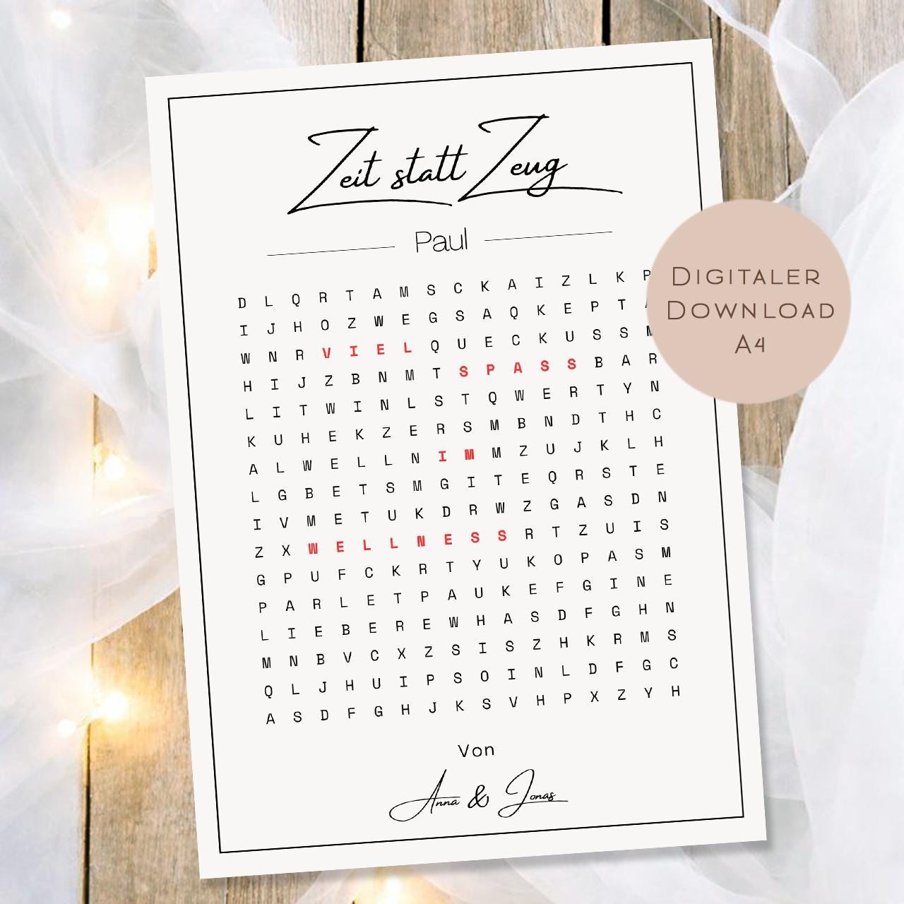 Druckvorlage Gutschein Zeit statt Zeug Name personalisiert | Wortsuchrätsel Geschenk | Geburtstag I Geschenkidee Ausdrucken PDF Download