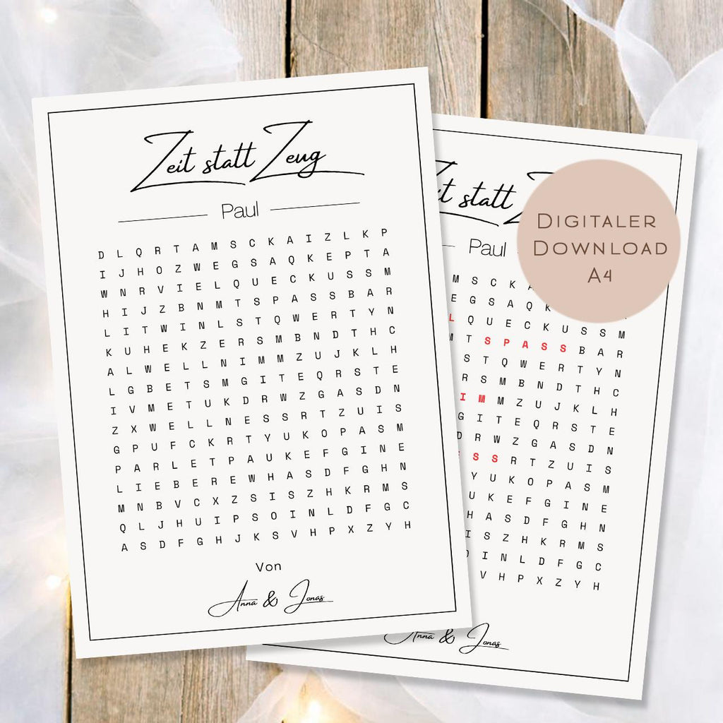Druckvorlage Gutschein Zeit statt Zeug Name personalisiert | Wortsuchrätsel Geschenk | Geburtstag I Geschenkidee Ausdrucken PDF Download