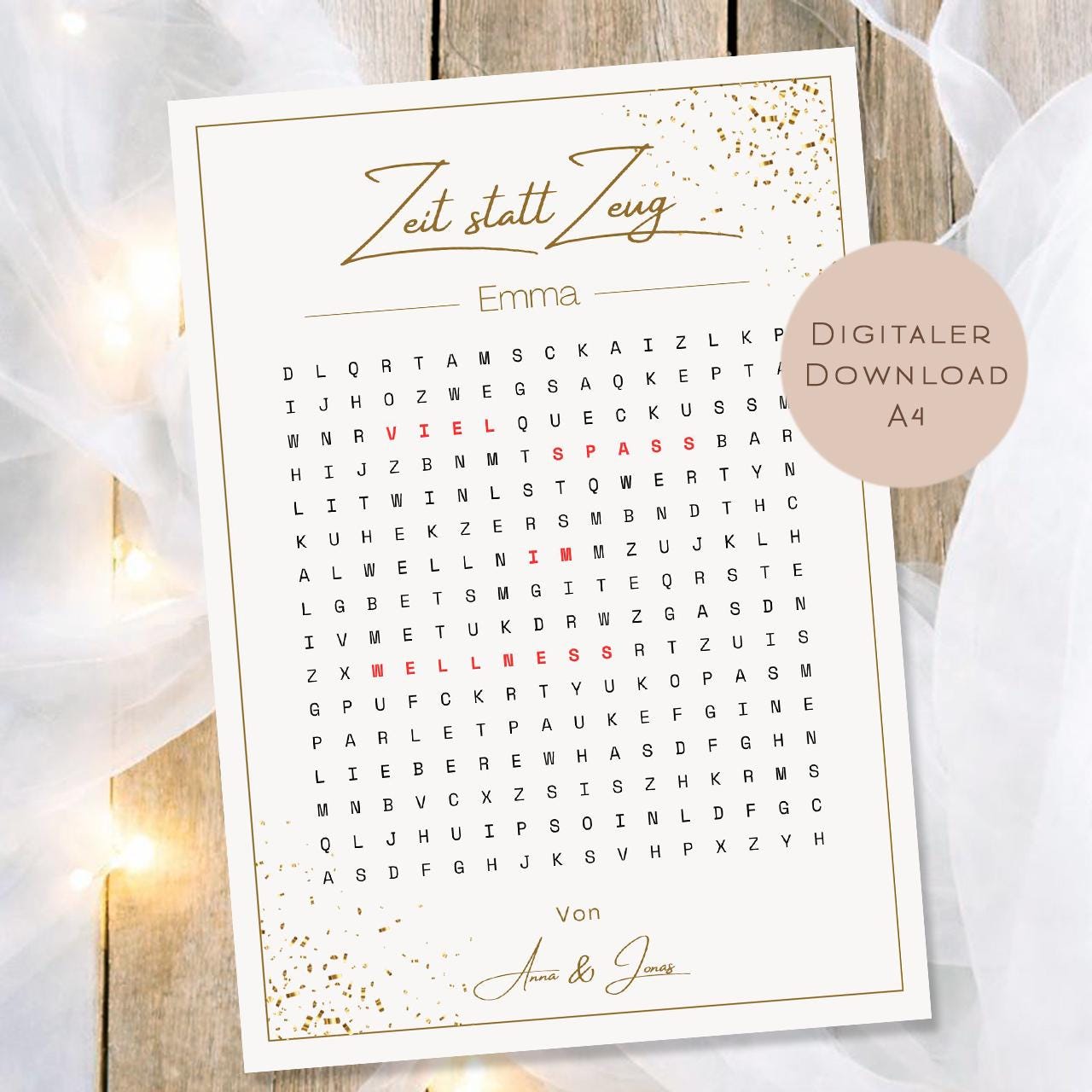 Druckvorlage Gutschein Zeit statt Zeug Name personalisiert | Wortsuchrätsel Geschenk Geburtstag I Geschenkidee Ausdrucken PDF Download