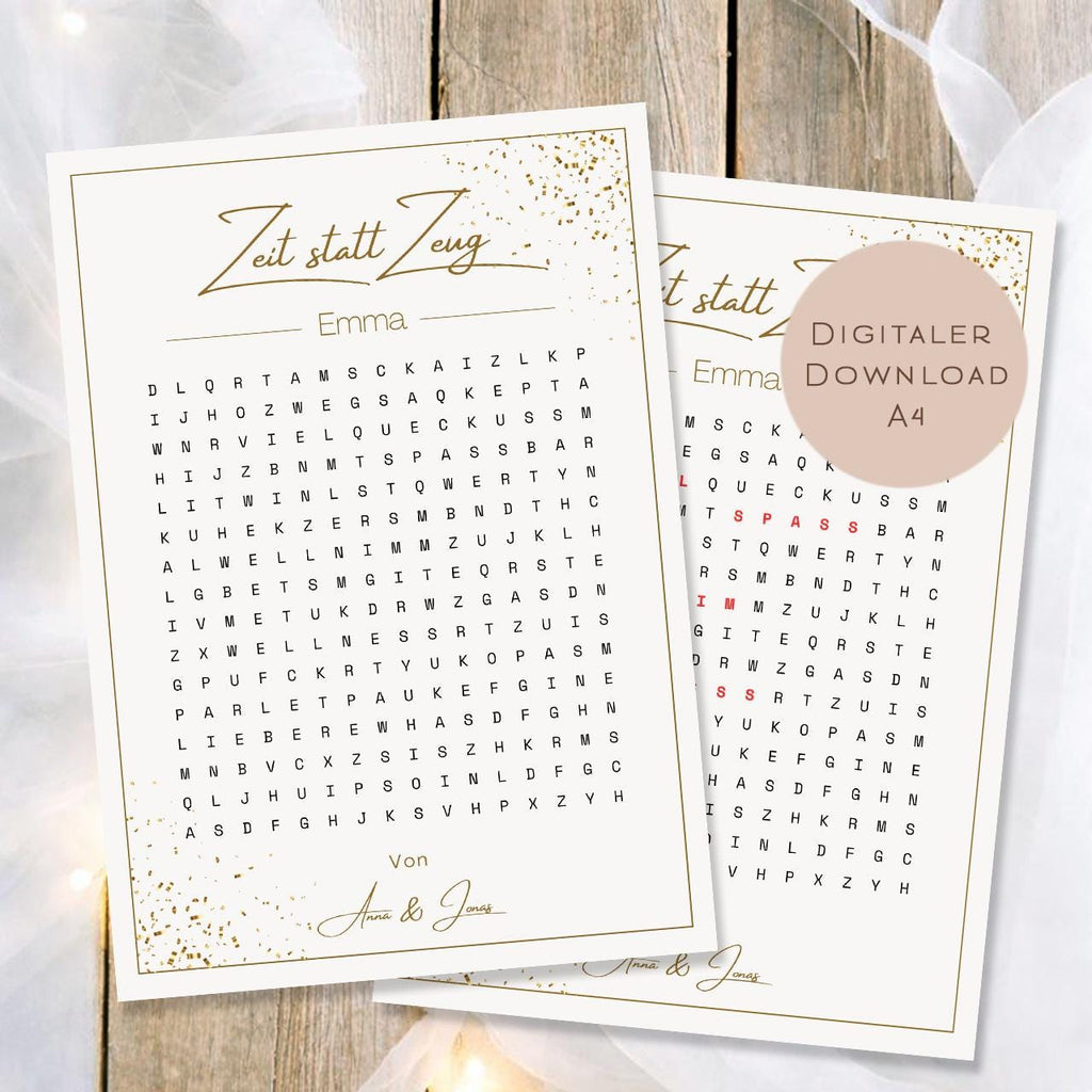Druckvorlage Gutschein Zeit statt Zeug Name personalisiert | Wortsuchrätsel Geschenk Geburtstag I Geschenkidee Ausdrucken PDF Download