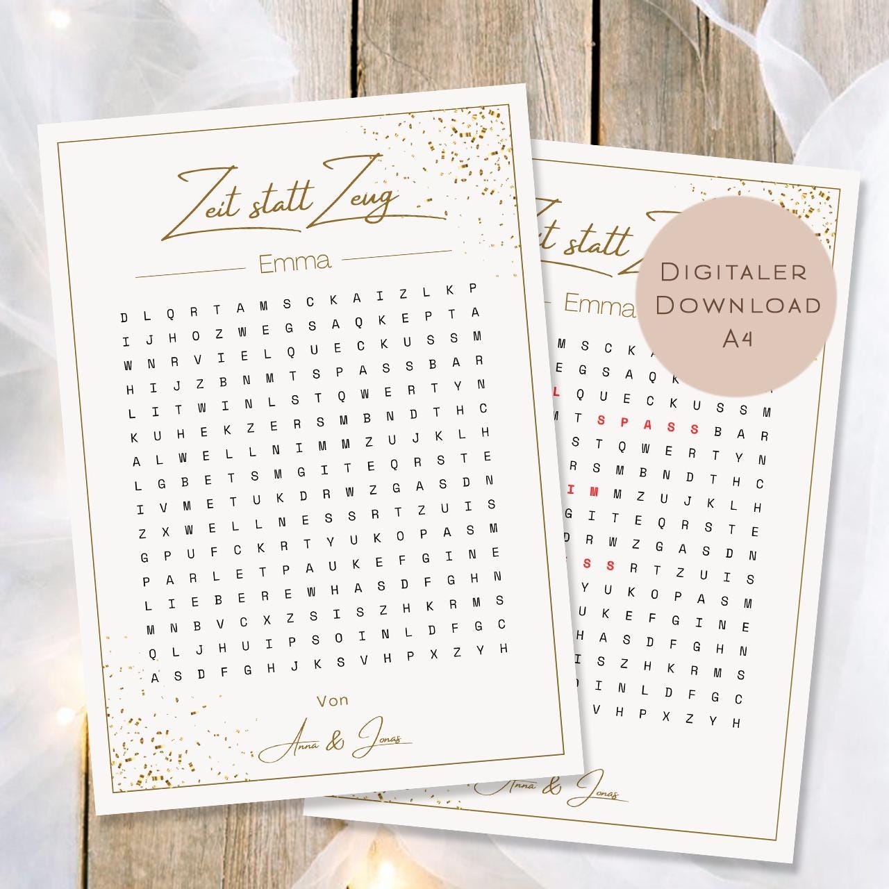 Druckvorlage Gutschein Zeit statt Zeug Name personalisiert | Wortsuchrätsel Geschenk | Geburtstag I Geschenkidee Ausdrucken PDF Download