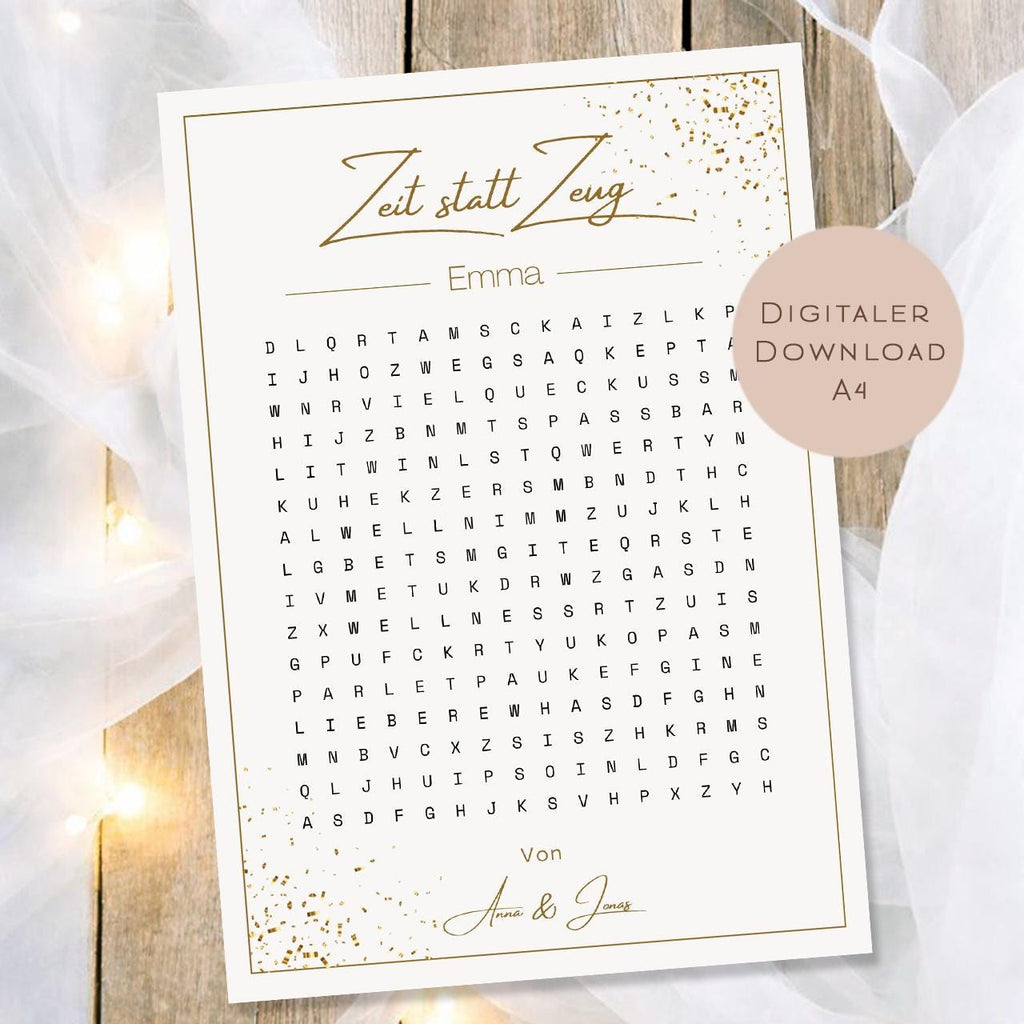 Druckvorlage Gutschein Zeit statt Zeug Name personalisiert | Wortsuchrätsel Geschenk Geburtstag I Geschenkidee Ausdrucken PDF Download