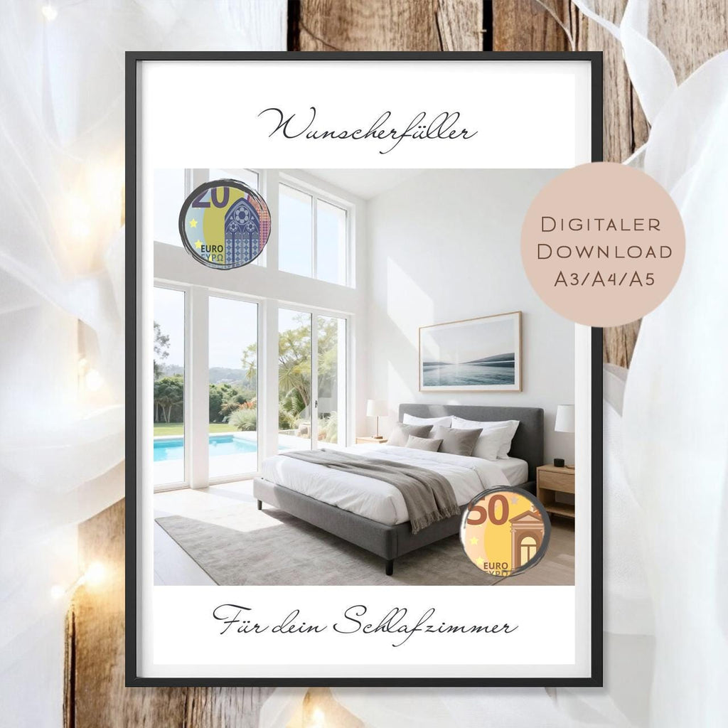 Geldgeschenk Schlafzimmer mit Boxspringbett l Umzug Geld schenken l Möbel Geburtstagsgeschenk l Hausbau Gutschein Geschenk Wunscherfüller