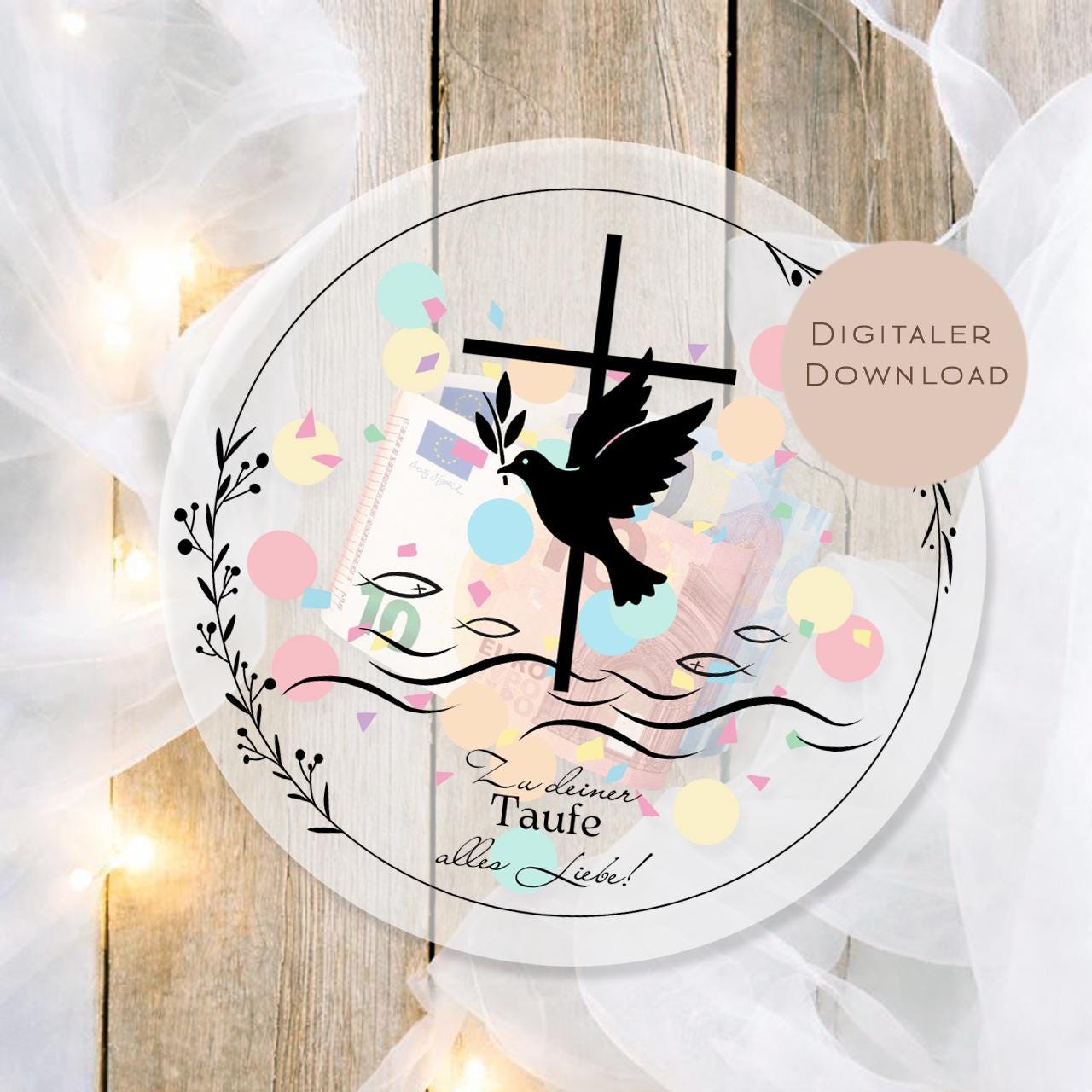 Druckvorlage Schüttelkarte Taufe | Geschenk Geld Gutschein schenken | Geldgeschenk Taube Kreuz Fische Karte zum Ausdrucken PDF Download