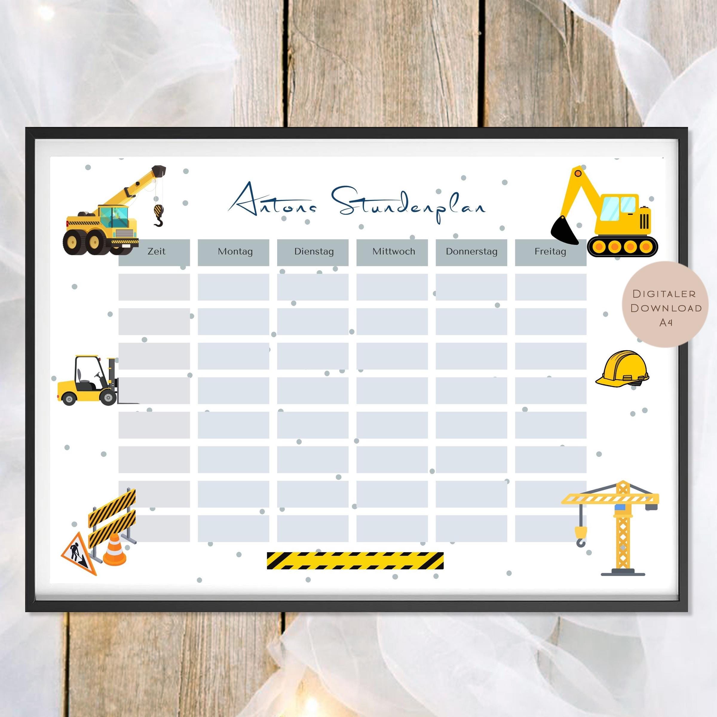 Druckvorlage Stundenplan Bagger Name personalisiert | Geschenk Schulanfang | Geschenkidee Schultüte Einschulung Ausdrucken PDF Download